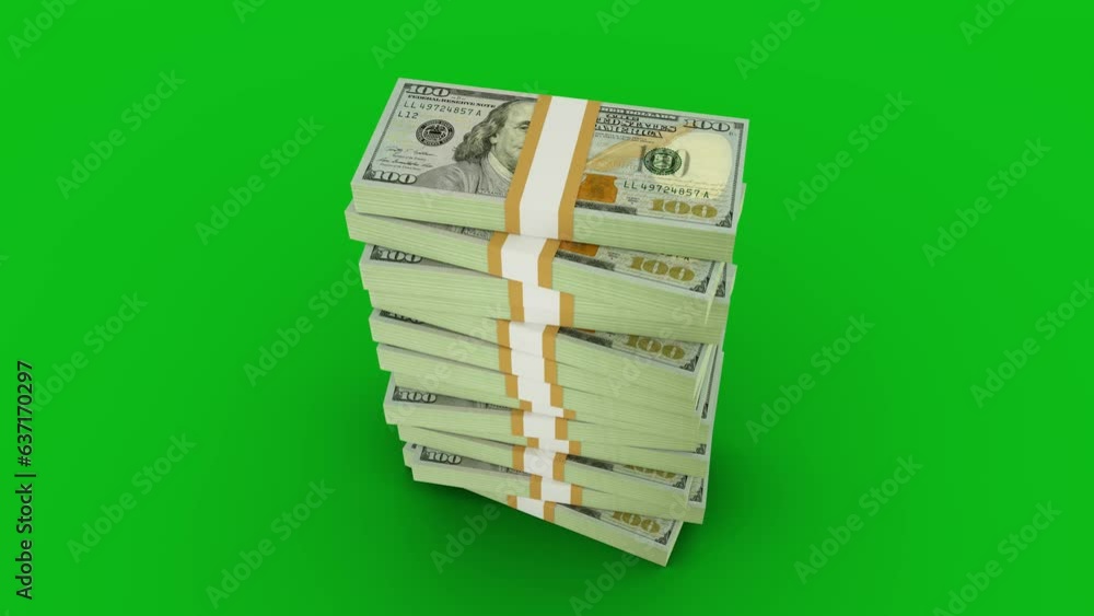 Poster 3d animation of stacks of us dollar notes falling on greenscreen floor. you can key out or remove ba