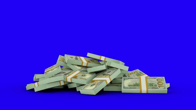 3d animation of stacks of 100 us dollar notes falling on blue screen floor. You can Key out or remove background to replace with a custom one. 3d rendering