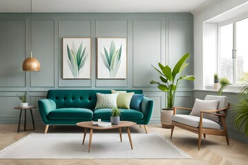 Aloe in green pot on wooden table in pastel apartment interior with plants and armchair beside sofa with pillows