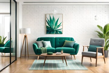 Aloe in green pot on wooden table in pastel apartment interior with plants and armchair beside sofa with pillows. Modern living room. 3d rendering