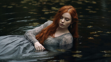 a woman in a dress laying in the water

