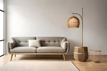 Japanese minimalist style living room interior wall mockup with caned console, wicker basket lamp and dried pampas grass in ceramic vase on blank warm white background.
