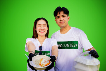 Asian couple working for society volunteering to donate food rice fried eggs and food in a box...