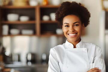 Protrait of a smiling African American female chef with a white apron in a restaurant kitchen...