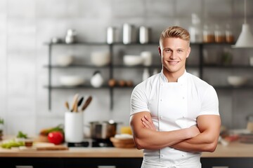 Protrait of a smiling muscular caucasian blond male chef with a white apron in a kitchen background, professional cuisine wallpaper, Horizontal format 3:2