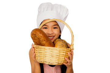 Happy asian young woman holding basket freshly delicious loaves bread wearing chef's hat on her head showing homemade bread made from wheat flour looking camera and smiling good mood blue background.