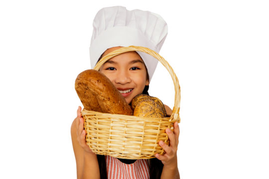 Happy asian young woman holding basket freshly delicious loaves bread wearing chef's hat on her head showing homemade bread made from wheat flour looking camera and smiling good mood blue background. - Powered by Adobe