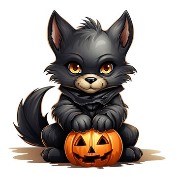 Illustration of a cute wolf on isolated white background, hat, pumpkin, Halloween concept,  isolated png