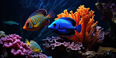 Obraz na płótnie Canvas Exploring wonders. Colorful aquarium world. Aquatic paradise. Exotic marine life and vibrant coral reefs. Diving into deep blue. Captivating underwater aquatic scenes