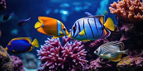 Exploring wonders. Colorful aquarium world. Aquatic paradise. Exotic marine life and vibrant coral reefs. Diving into deep blue. Captivating underwater aquatic scenes