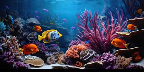 Obraz na płótnie Canvas Exploring wonders. Colorful aquarium world. Aquatic paradise. Exotic marine life and vibrant coral reefs. Diving into deep blue. Captivating underwater aquatic scenes