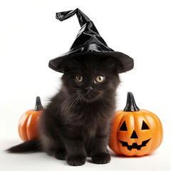 A cute cat kitty is posing near Halloween pumpkins, wearing a witch’s black hat on isolated white background, Halloween costume for animals, pets, cats, Autumn, Fall Concept, October 31
