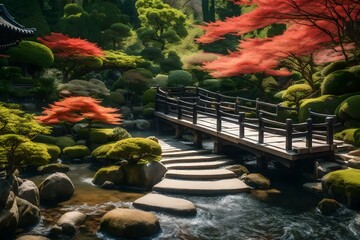 A tranquil Japanese garden with a traditional bridge