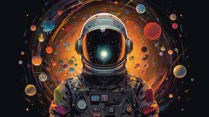 Digital Reflections: Astronaut's Introspective Voyage Amidst Radical Cosmic Patterns