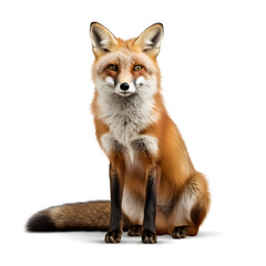 Fototapeta premium Red fox pose with a bushy tail isolated against a white background. AI generetive