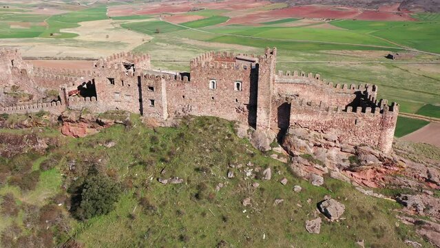 Aerial photo of Castle of Riba de Santiuste. Remains of medieval fortress in Spain. 