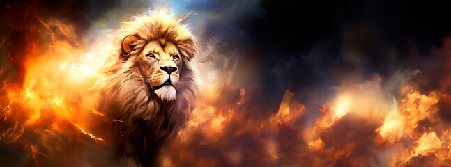 Divine Emergence: Witness the Lion of Judah, a symbol of Jesus, emerging from the midst of fiery trials like a beacon of hope in Christian faith. - obrazy, fototapety, plakaty