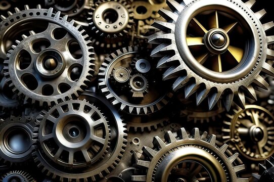 The background consists of gears that lie on top of each other, on a dark background. Gears, mechanisms, steampunk.