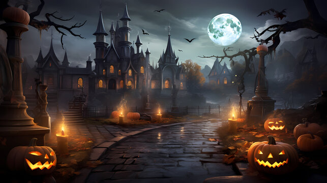 Halloween night moon composition with glowing pumpkins vintage castle and bats flying.Halloween background with Evil Pumpkin. Spooky, Holiday event halloween banner background concept
