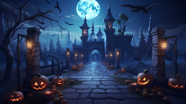 Halloween night moon composition with glowing pumpkins vintage castle and bats flying.Halloween background with Evil Pumpkin. Spooky, Holiday event halloween banner background concept