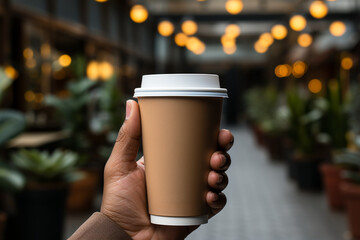 A woman man hand holding a blank paper coffee cup, design mockup, autumn, brown colors, cafe, restaurant, lights on background, street background, Canva