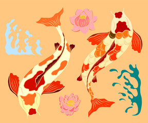 koi carp vector isolate for tattoo.Japanese carp drawing.Hand drawn line art of Koi carp. Vector isolated. Idea for tattoo and coloring books.