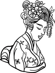 Traditional Japanese culture for printing on sticker or background.Symbol of Japanese illustration isolated on white background.doodle line art for sticker.Japanese women for tattoo design on isolated