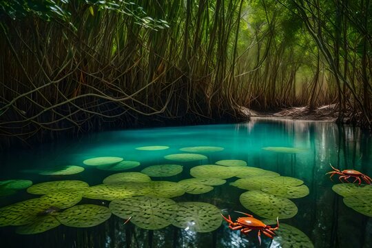 A tropical mangrove swamp with transparent water and colorful crabs scurrying about