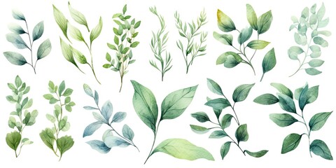 Obraz premium Whimsical watercolor Leaves on white background isolated. Splash of nature beauty. Vibrant botanical illustrations. Celebrating greenery in art. Elegant foliage collection