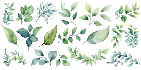 Whimsical watercolor Leaves on white background isolated. Splash of nature beauty. Vibrant botanical illustrations. Celebrating greenery in art. Elegant foliage collection