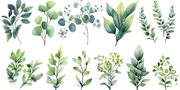 Whimsical watercolor Leaves on white background isolated. Splash of nature beauty. Vibrant botanical illustrations. Celebrating greenery in art. Elegant foliage collection © Thares2020