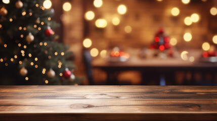 Empty wooden table with christmas theme in background - 637177098