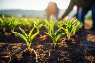 Agricultural farmers are planting corn seedlings in a field - obrazy, fototapety, plakaty