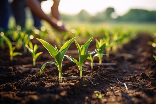 Agricultural farmers are planting corn seedlings in a field
