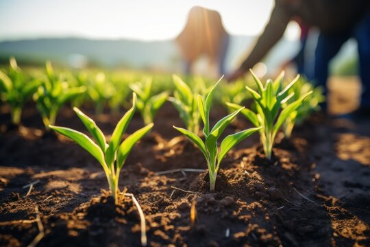 Agricultural farmers are planting corn seedlings in a field