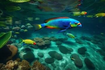 A tropical oasis with transparent water and brightly colored parrotfish