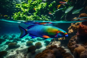 Naklejka na ściany i meble A tropical oasis with transparent water and brightly colored parrotfish