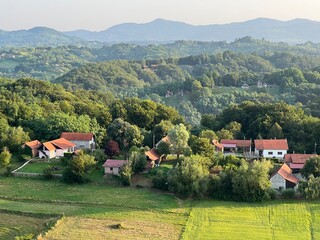 View of forests, fields, villages and Zagorje hills, during a panoramic balloon flight over Croatian Zagorje - Croatia (Panoramski let balonom iznad Hrvatskog zagorja - Hrvatska)