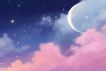 Naklejka na ściany i meble abstract sky background with sugar cotton candy clouds on pastel gradient design, stars and moon in the sky