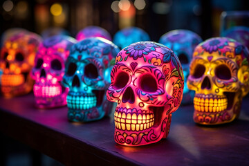 Neon-lit sugar skulls for Day of the Dead festivities