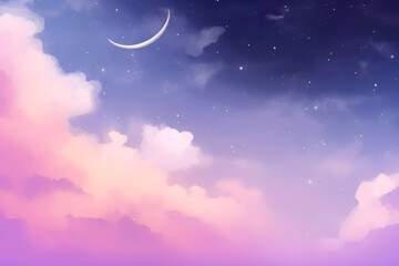 Obraz na płótnie Canvas abstract sky background with sugar cotton candy clouds on pastel gradient design, stars and moon in the sky