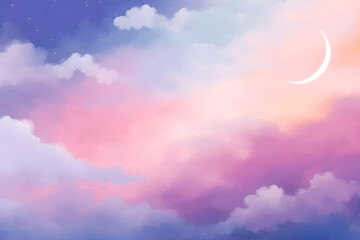 Obraz na płótnie Canvas abstract sky background with sugar cotton candy clouds on pastel gradient design, stars and moon in the sky
