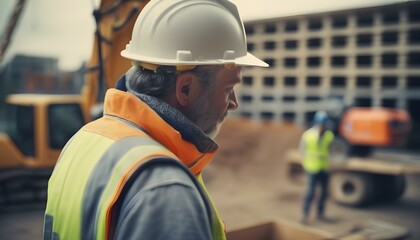 A construction worker or foreman at a construction site, back to the camera, style Cinematic