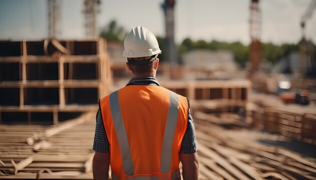 A construction worker or foreman at a construction site, back to the camera, style Cinematic