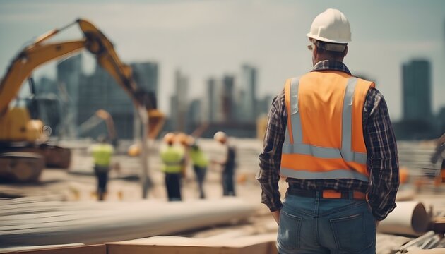 A construction worker or foreman at a construction site, back to the camera, style Cinematic