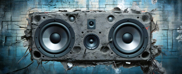 Very loud sounds or music abstract metaphor, speaker in front of a cracking wall