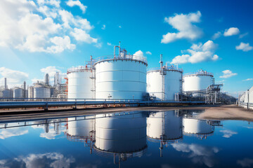 A wide angle image of a generic hydrogen power plant with tanks and pipes. Hydrogen clean power concept.