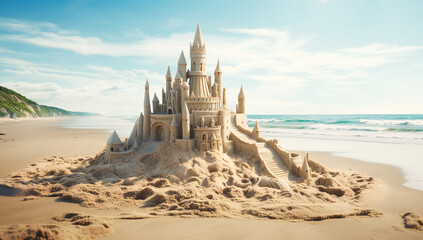 Intricate sand castle on the beach - obrazy, fototapety, plakaty