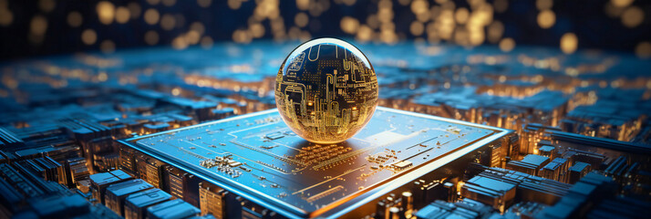 A computer circuit board with a glowing globe on it. Artificial intelligence concept.