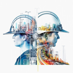 Naklejka na ściany i meble Future of buildings construction engineering the devotion project with double exposure to civil engineering design. Future modern construction projects. Generative AI.